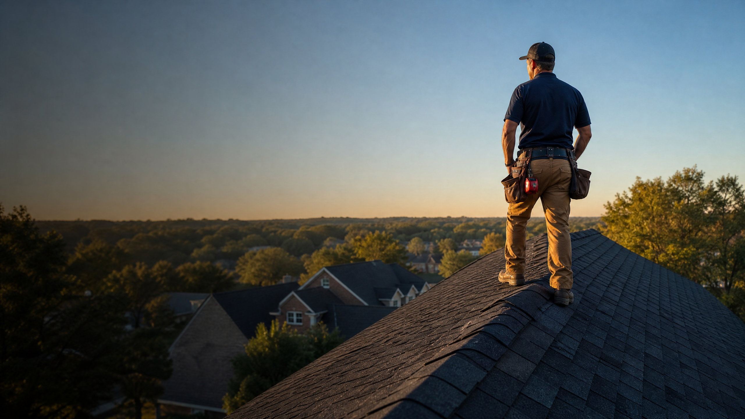 Roofing professional inspecting a residential roof