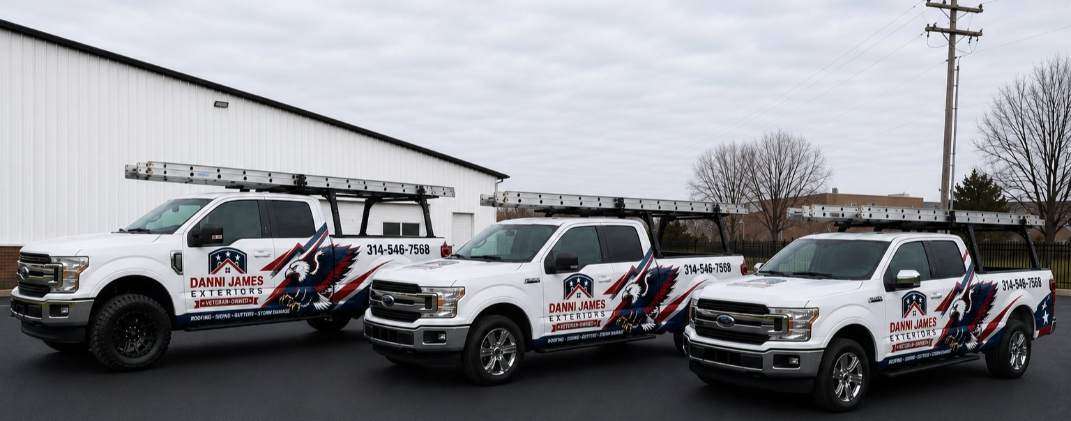 Danni James Exteriors fleet of wrapped work trucks with ladder racks